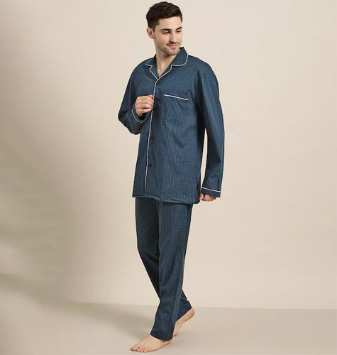 Men Navy Blue & Green Checked Cotton Night Suit